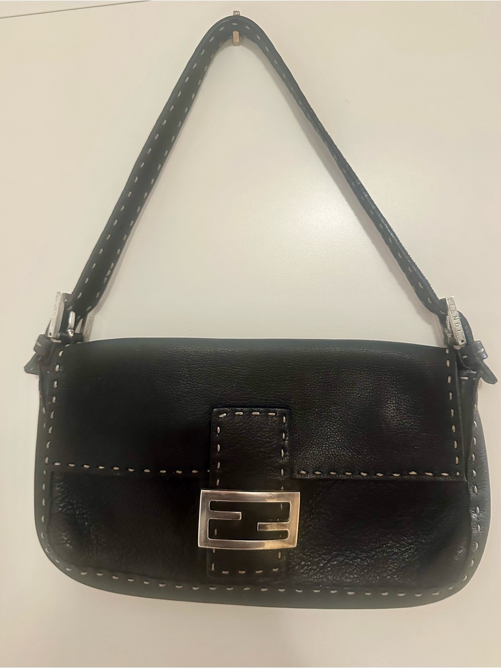 Fendi Black Leather Mini Shoulder Bag with White Stitching and Silver Buckle